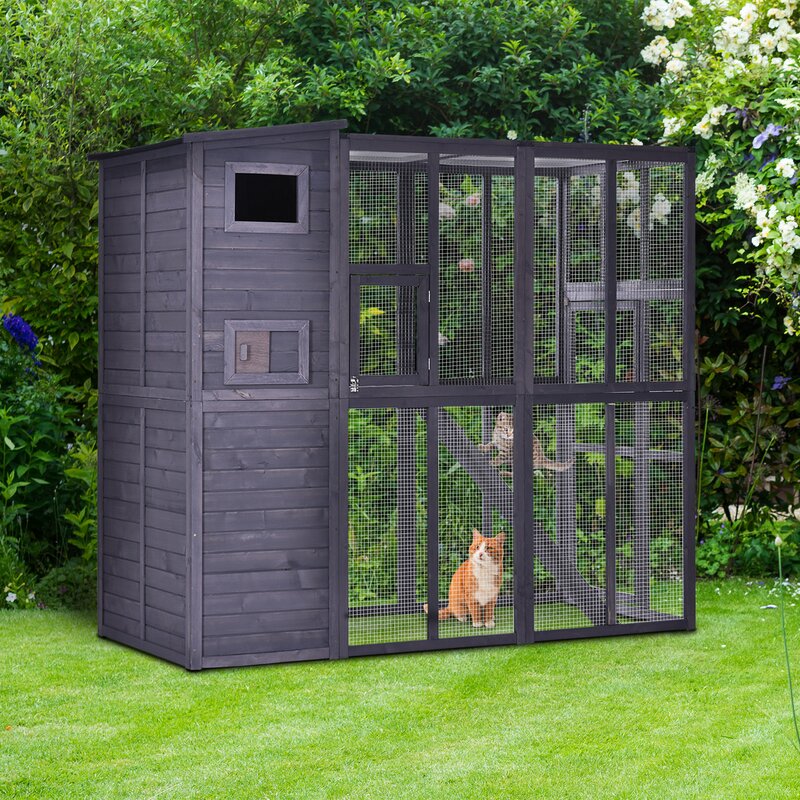 Pawhut Large  Wooden Outdoor  Cat  House  With Large  Run For Play Catio For Lounging And A Condo 
